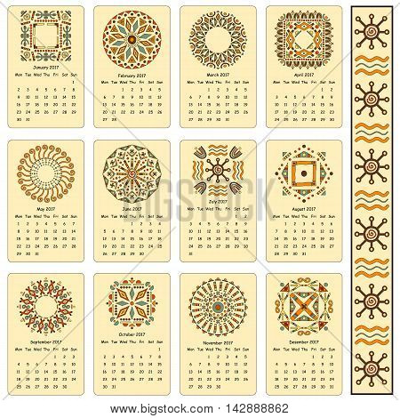 Calendar two thousand seventeenth year. Egyptian patterns. Cards for every month of the year.