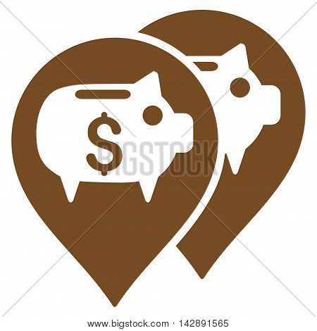 Bank Map Pointers icon. Vector style is flat iconic symbol with rounded angles, brown color, white background.