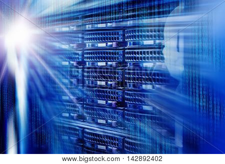 Array disk storage in data center with light effects