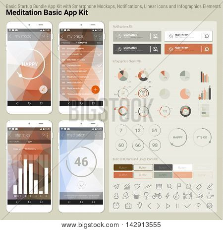 Flat design responsive Meditation UI mobile app template with trendy polygonal backgrounds, smartphone mockups, notificatons, infographics charts kit and linear ui icons collection