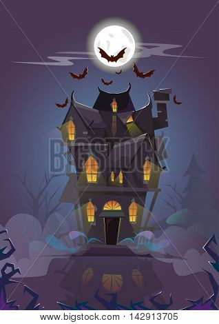 House Halloween Night Bats Flying Around Flat Vector Illustration