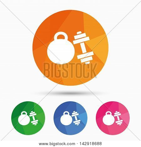 Dumbbell with kettlebell sign icon. Fitness sport symbol. Gym workout equipment. Triangular low poly button with flat icon. Vector