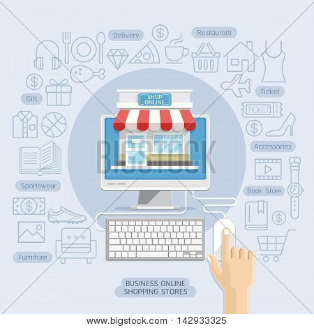 Shopping online business conceptual flat style. Vector illustration. Can be used for workflow layout template banner diagram number options web design infographics timeline.