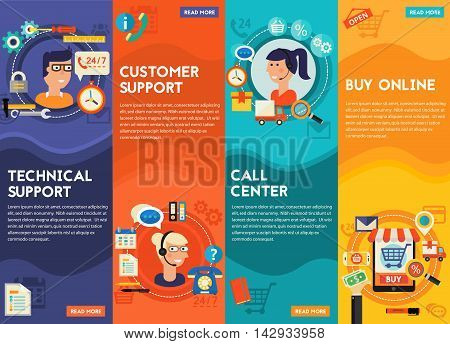 Flat vertical vector concept banners. Online Shopping, Customer and Technical Support and Call Senter vector illustration online web banners