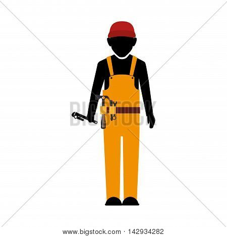 builder construction worker cap belt tools wrench hammer man vector illustration isolated