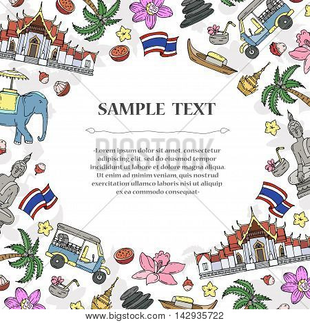 Cute decorative cover with hand drawn colored symbols of Thailand. Illustration on the theme of travel and tourism. Vector background for use in design