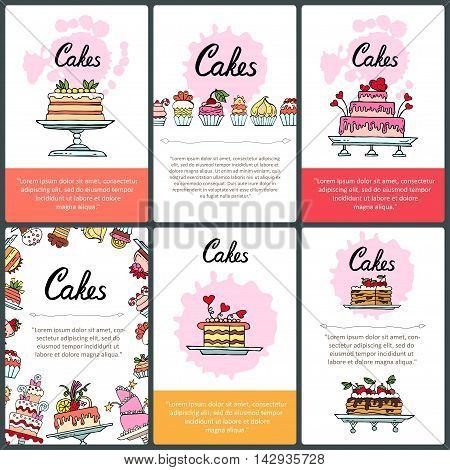 Vector set of prepared cards with hand drawn colored cakes. Colored cards on the theme of desserts food. Vector templates. Backgrounds for use in design