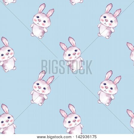 Background with rabbits 3. Seamless pattern with cartoon animals. Watercolor painting