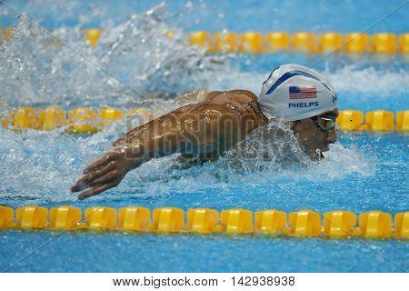 RIO DE JANEIRO, BRAZIL - AUGUST 8, 2016: Olympic champion Michael Phelps of United States swimming the Men's 200m butterfly at Rio 2016 Olympic Games
