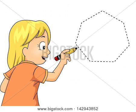 Illustration of a Little Girl Drawing a Heptagon