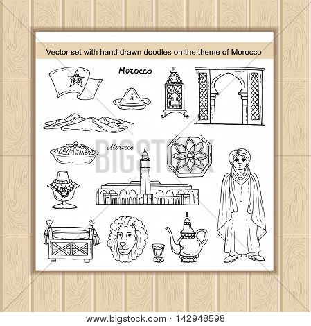 Vector set with hand drawn isolated doodles on the theme of Morocco. Flat illustrations of attractions souvenirs symbols. Sketches for use in design