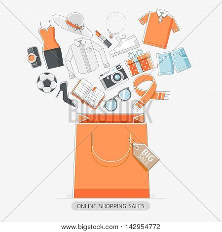 Online shopping stores conceptual line icons style. Vector illustration.