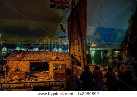 OSLO, NORWAY - JULY 1, 2016: It's copy of the raft Ton-Tiki on which Thor Heyerdahl made a transpacific crossing.