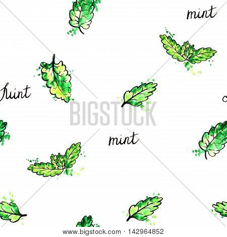 seamess pattern with hand drawn mint leaves, background with ink and watercolor drawing aromatic green plant and paint stains