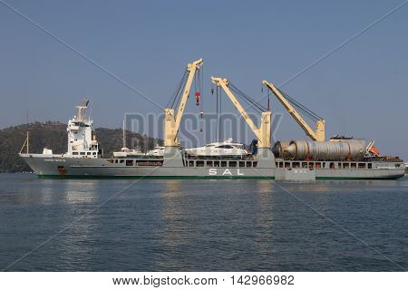 22ND JULY 2016, FETHIYE,TURKEY; The ANNIE-SOFIE general cargo ship which was built in 2008, moored in the port of Fethiye in Turkey, 22nd july 2016