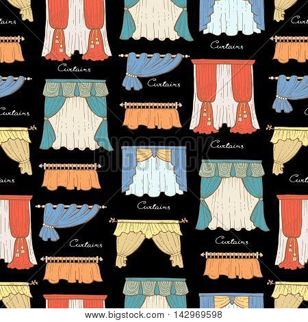 Vector seamless pattern with hand drawn isolated colored curtains on black color. Pattern on the theme of decoration interior. Background for use in design