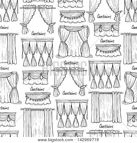 Vector seamless pattern with hand drawn isolated curtains on white color. Pattern on the theme of interior and decoration. Background for use in design