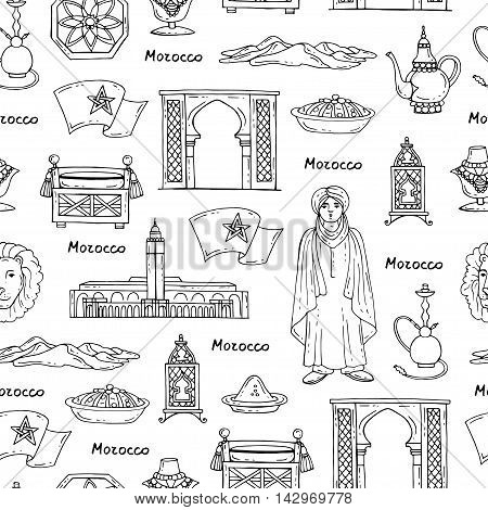 Vector seamless pattern with hand drawn isolated symbols of Morocco on white color. Pattern on the theme of travel and tourism. Background for use in design, packing, web site, fabric