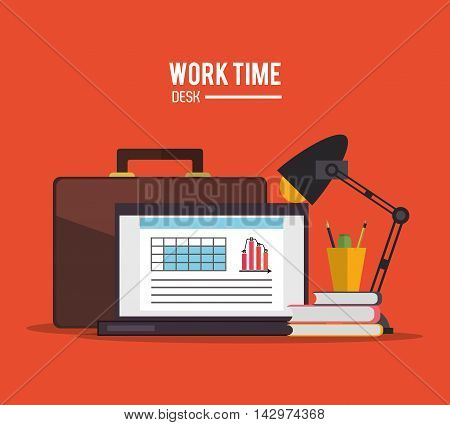 laptop suitcase lamp book infographic worktime desk office supply icon. Colorful design. Vector illustration
