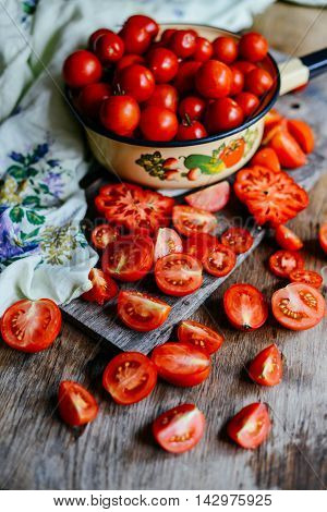 Tomato On Wooden Table. Freshly Picked Red Tomatoes. Variation O