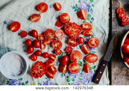 Tomato On Wooden Table. Freshly Picked Red Tomatoes. Variation O