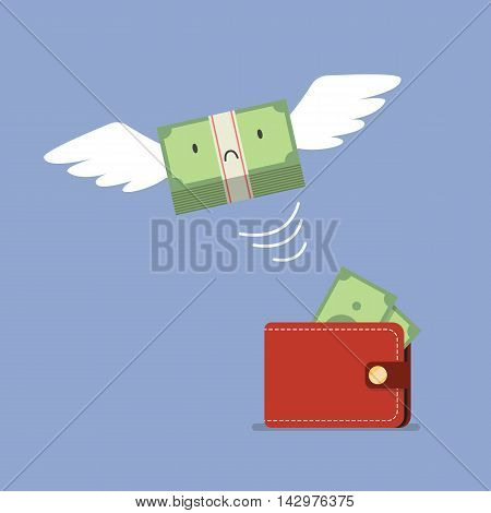 Unhappy money bill flying out of wallet. Business concept