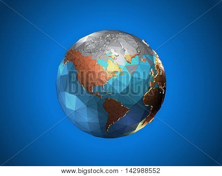 Low poly earth fade from gray to color with wireframe on blue background