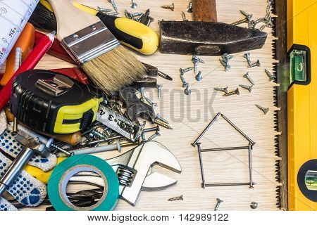 Set of construction tools the tools lie around center free composition power tools.