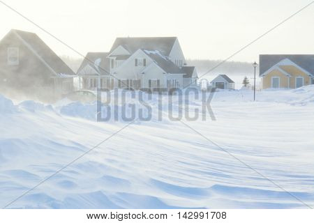 Poor visibility with strong winds blowing snow around during a snow storm in suburbia.