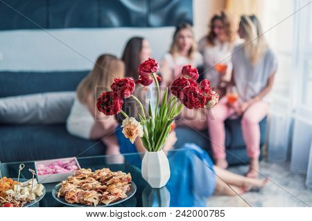 Girls Party. Beautiful Women Friends Having Fun At Bachelorette Party. They Are Celebrating And Drin