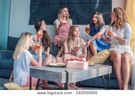 Girls Party. Beautiful Women Friends Having Fun At Bachelorette Party. They Are Celebrating And Drin