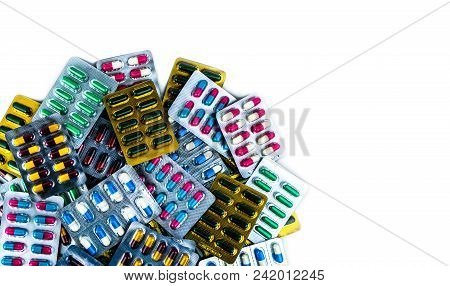 Top View Of Antibiotic Capsule Pills Isolated In Blister Pack Isolated On White Background With Copy