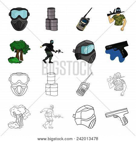 Mask, Gun, Paint, Inventory .paintball Set Collection Icons In Cartoon, Outline Style Vector Symbol 
