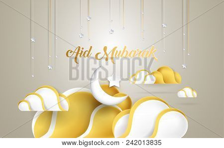 Aid Mubarak Beautiful Greeting Card With Golden Clouds, Moon, Stars. Aid Mubarak Is About Celebratio