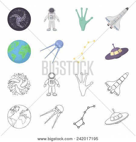 Planet Earth With Continents And Oceans, Flying Satellite, Ursa Major, Ufo. Space Set Collection Ico