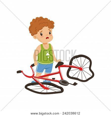 Boy Feeling Unhappy With His Bike Broken Vector Illustration Isolated On A White Background.
