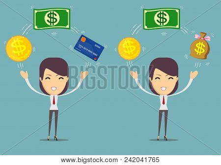 Woman Holding Credit Plastic Card And Money Bills. Concept Of Financial Operations, Transactions, In