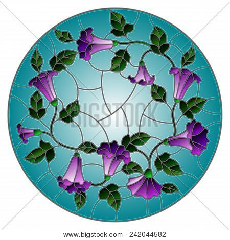 Illustration In Stained Glass Style Flowers Loach, Purple Flowers And Leaves On Blue Background,roun