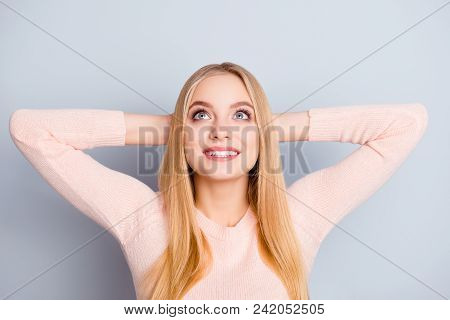 Portrait Of Carefree Relaxed Charming Cute Lovely Sweet Beautiful Cheerful Excited Joyful With Beami