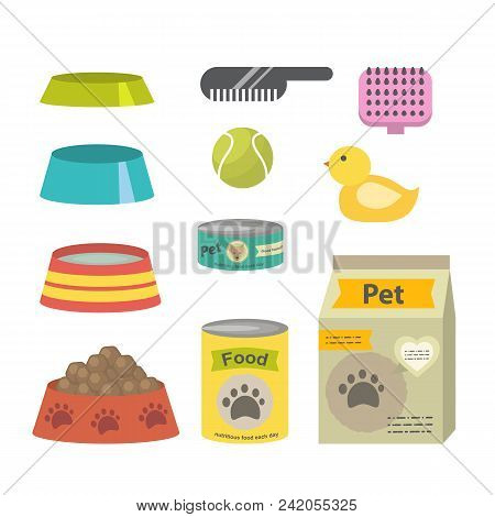 Pet Care Accessories Isolated On A White Background.pet Food , Toy, Supples In Flat Style
