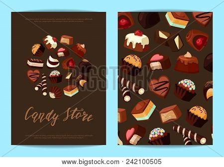Vector Card Or Flyer Templates Set For With Cartoon Chocolate Candies And Place For Text Illustratio