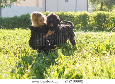 Girl And Russian Black Terrier Sitting On The Grass In The Park, Telephoto Shot
