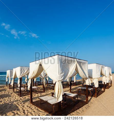 Luxury Beach Tents Canopies On Morning Paradise White Sandy Beach The Maldives Of Salento (pescoluse