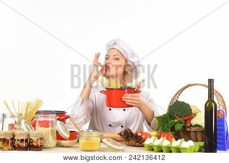 Food Preparation With Vegetables. Cook Preparing Delicious Food In Kitchen. Healthy Food Cooking, Ve