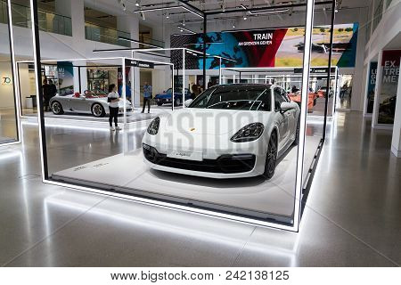 Berlin, Germany - April 15 2018: Porsche Panamera Turbo S E-hybrid Sport Turismo Car Standing At Vol