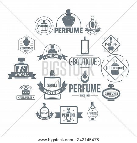 Perfume Bottles Logo Icons Set. Simple Illustration Of 16 Perfume Bottles Logo Vector Icons For Web