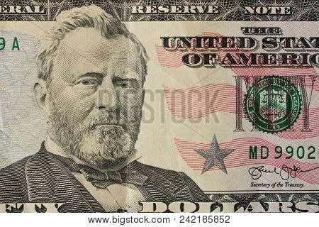 Portrait Of President Ulysses Grant On A $ 50 Bill. Close Up.