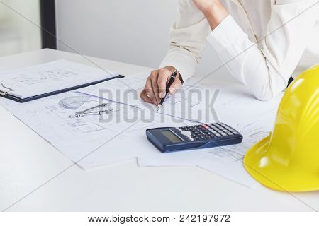 Workplace Items Tools For Project, Architect Or Engineer Working On Blueprint For Architectural Proj