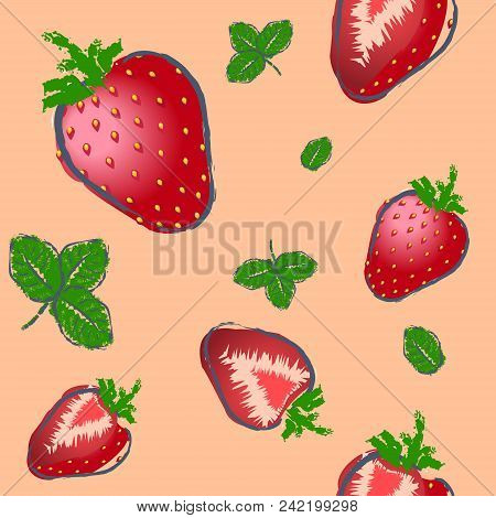 Seamless Strawberry Pattern On Pastel Background. Cute Vector Background. Bright Summer Fruits Illus