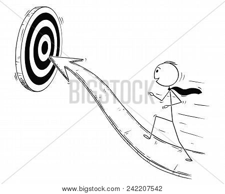 Cartoon Stick Man Drawing Conceptual Illustration Of Businessman Running On Arrow For Success. Busin